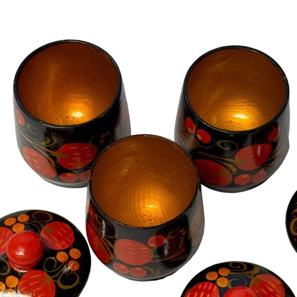 Russian Khokhloma Hand Painted Folk Art VTG 3Pc Lidded Spice Trinket Containers - Picture 6 of 13